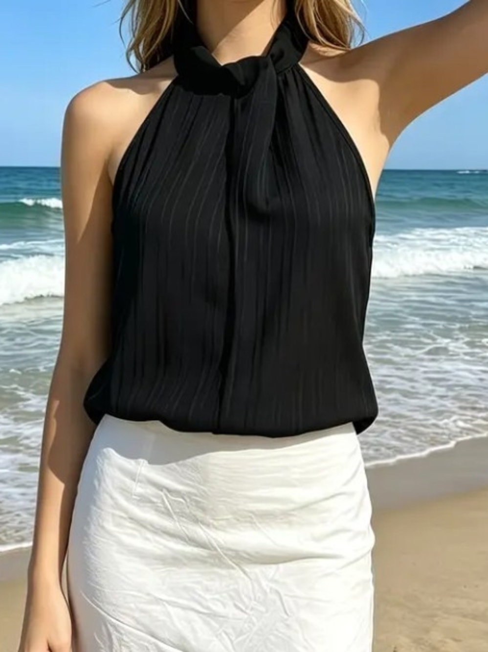 Women's Black Halter Neck Pleated Top Never Worn.